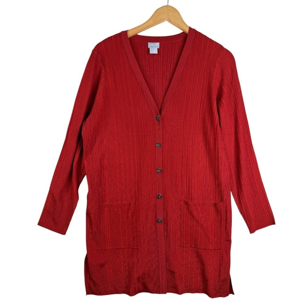 Chico's Long Cardigan Sweater Womens Size 2 US L Red Knit Button Front Pockets